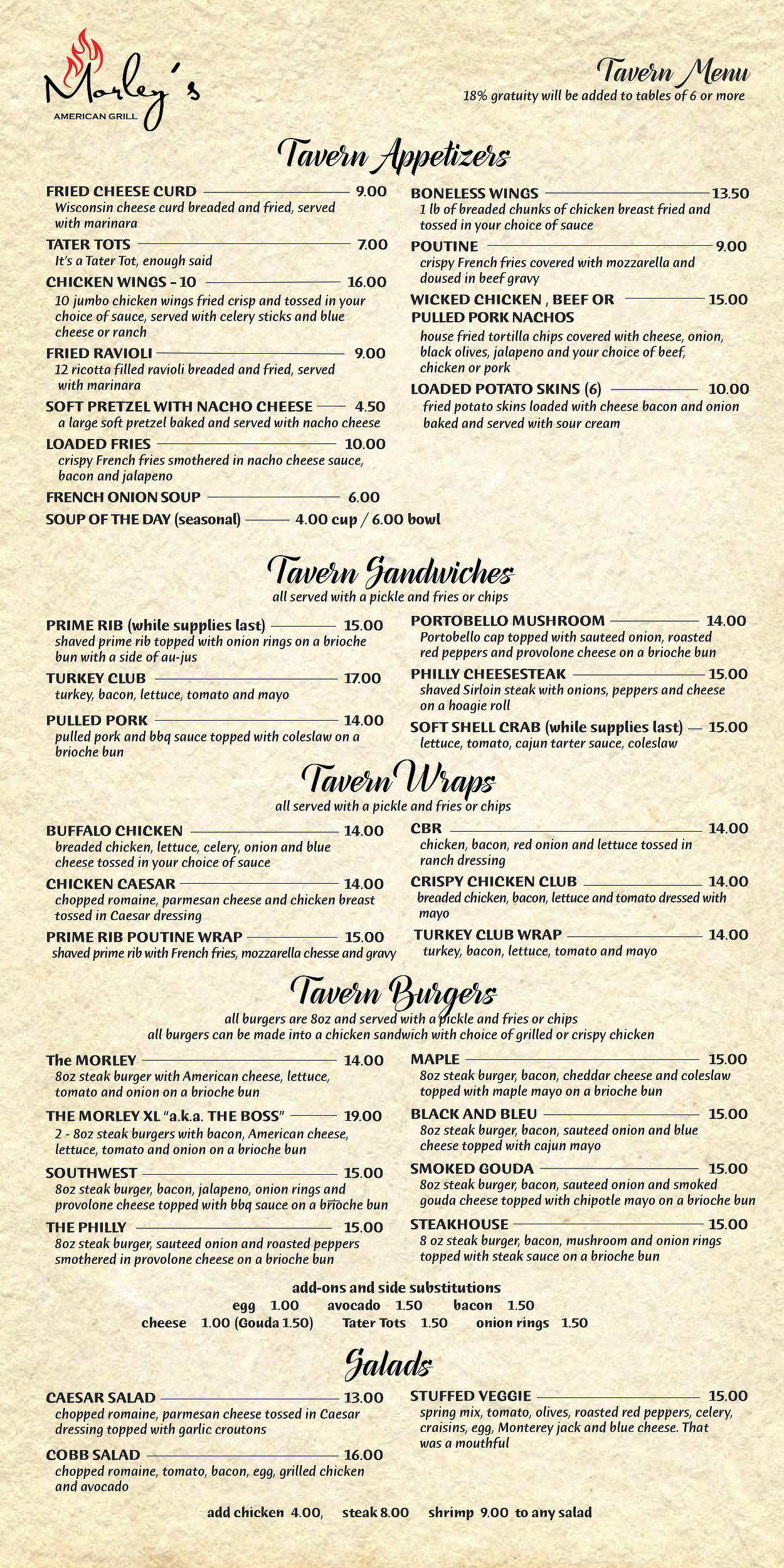 morleys tavern menu 3_16_22